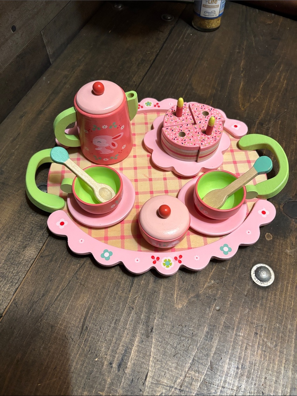 Wooden Pink & Green Kids Tea Set Play Tray - Pretend Tea Party